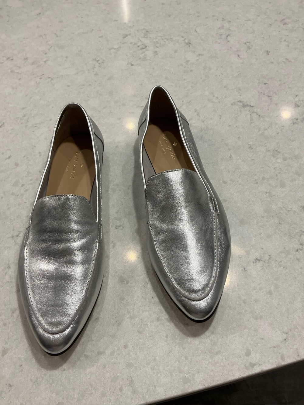 kate spade Silver Metallic Leather Slip-On Loafers never worn
